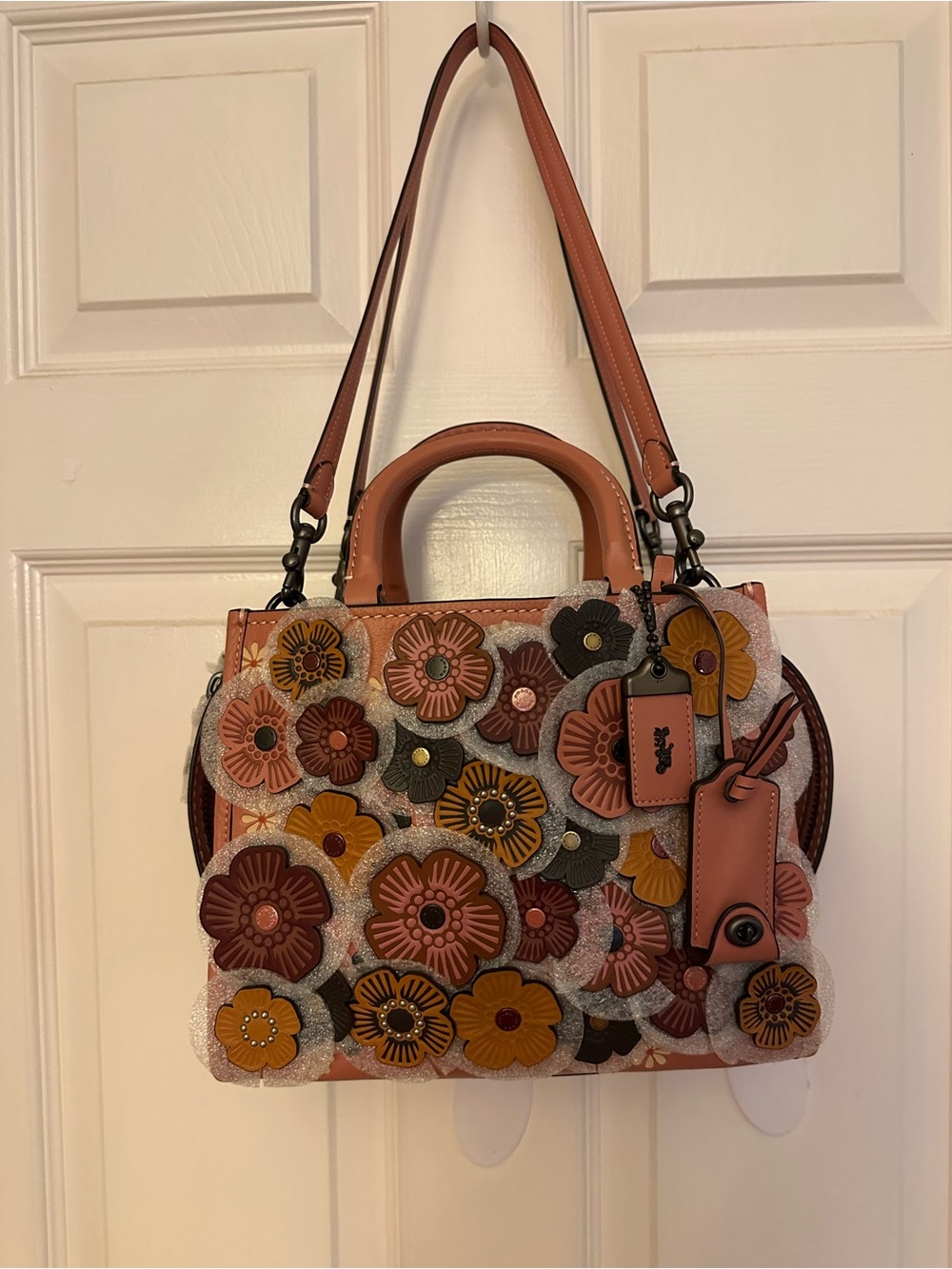 Coach Rogue 1941 with Tea roses Appliqué Leather Satchel - Peach/Rose/Tan Multi.